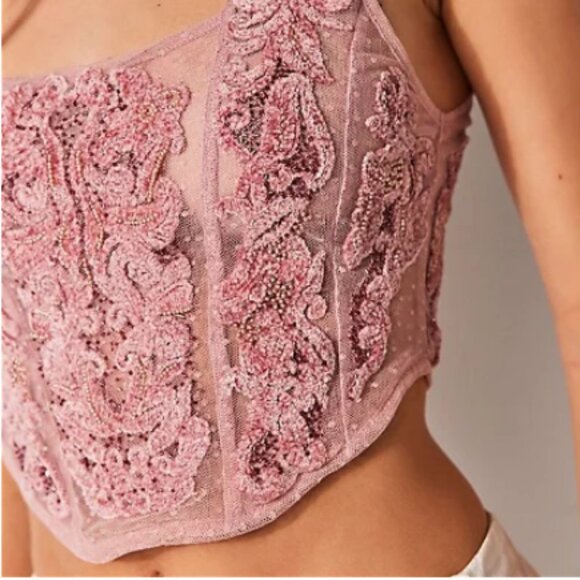 SOLD Free People NWT Crush On You Embellished Mauve Corset Mesh Cami Tank Top Sm - Picture 2 of 13